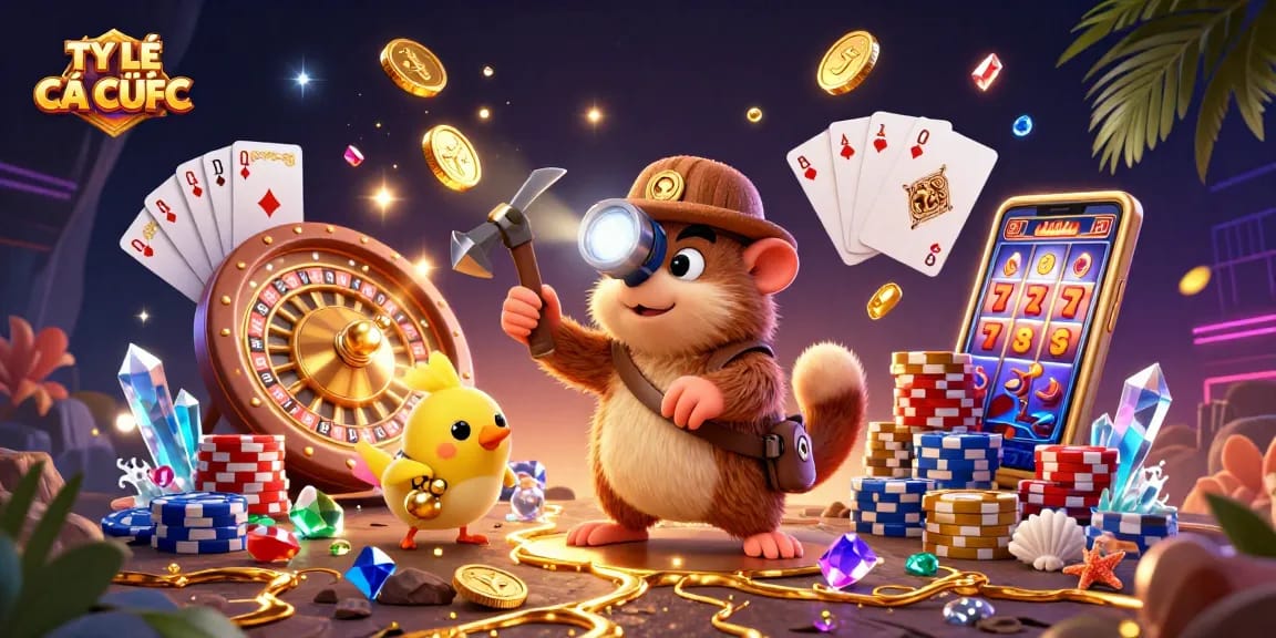 Engage with TỶ LỆ CÁ CƯỢC as treasure hunter mole uncovers gems and gold amidst vibrant casino elements.