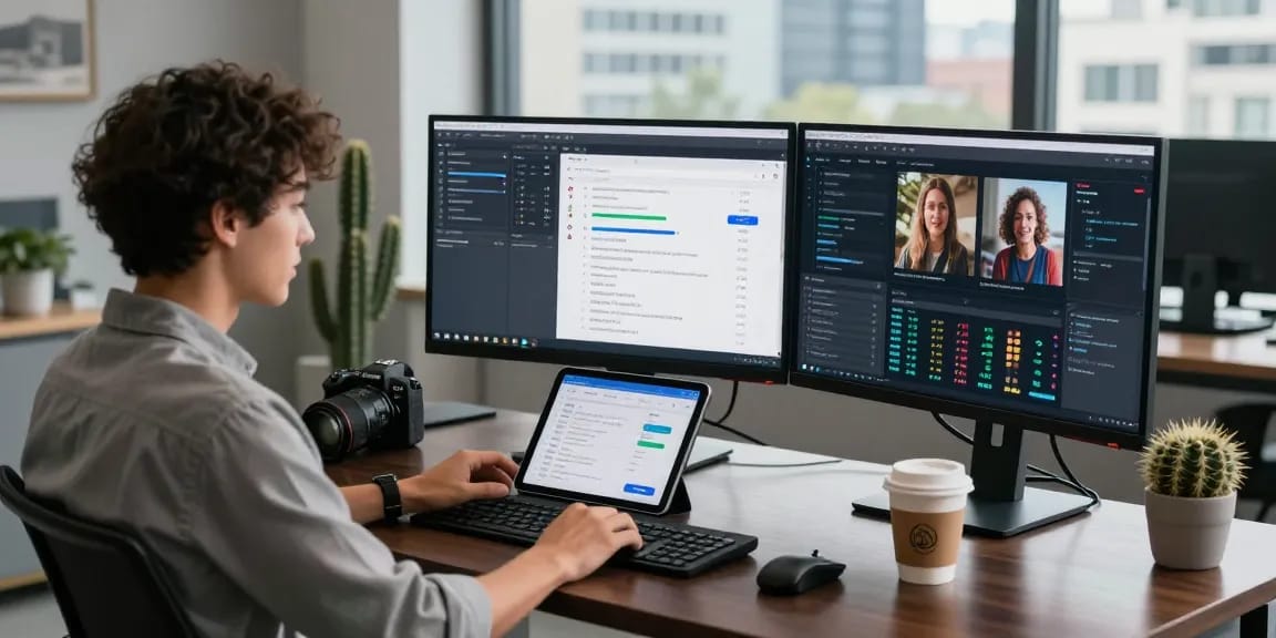 Detect AI image in a modern workspace with analytics dashboards and content moderation tools.
