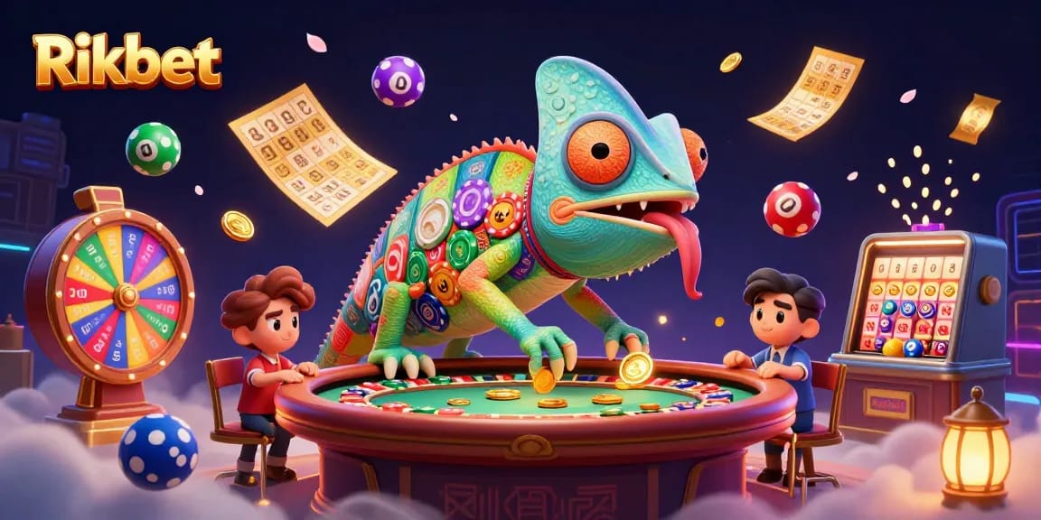 Experience the vibrant world of Rikbet with a cartoon chameleon casino owner surrounded by dynamic lottery elements.