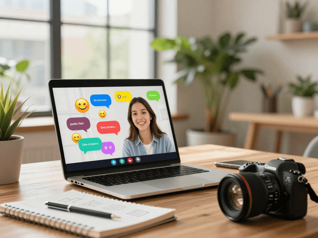 Engaging in hot chat ai using a vibrant video chat interface, showcasing a lively workspace.
