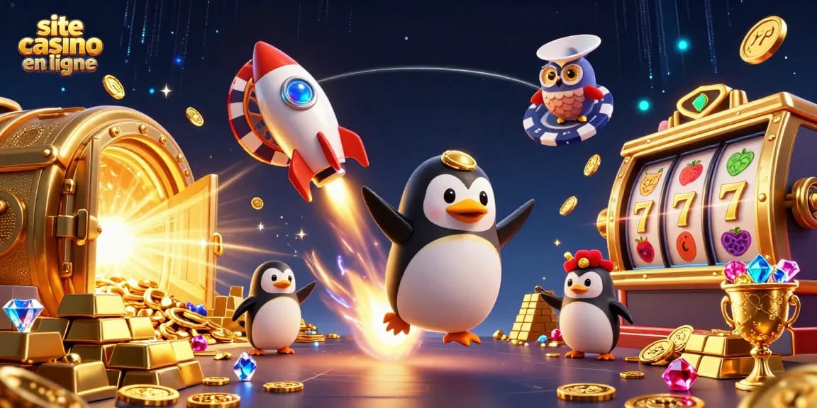 Des bobines de machines à sous et un pingouin doré sur un site casino en ligne vibrant de trésors.
