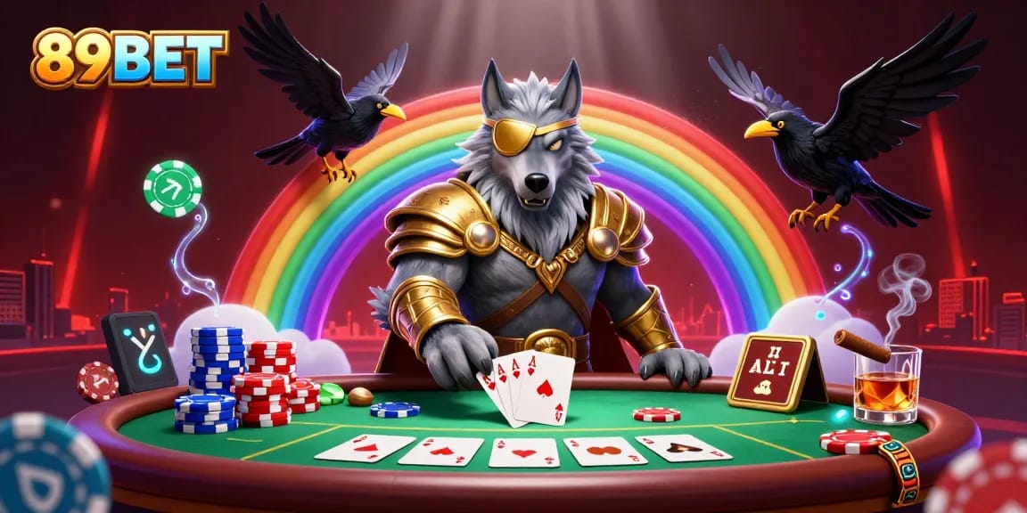 Engage with 89BET at a vibrant casino scene featuring Odin and ravens among poker elements.