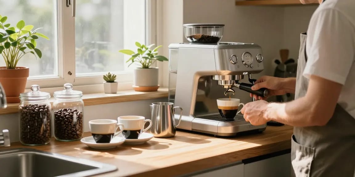 Brewing coffee using ماكينة تحضير اسبريسو in a cozy kitchen, showcasing artisanal preparation.