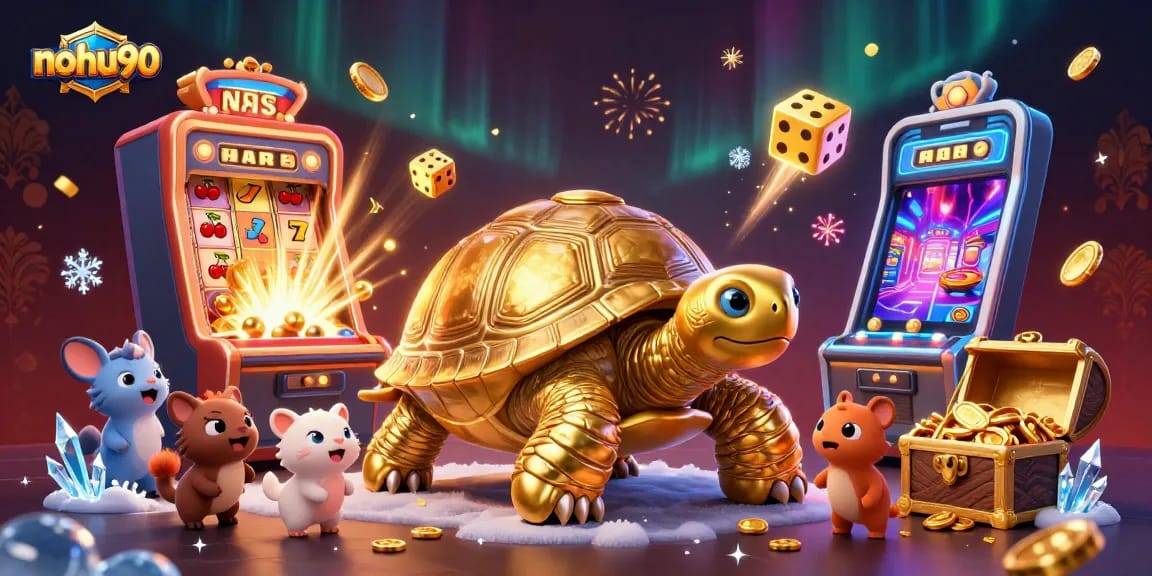 Engage with nohu90's dynamic gaming landscape featuring a vibrant slot machine and 3D tortoise.