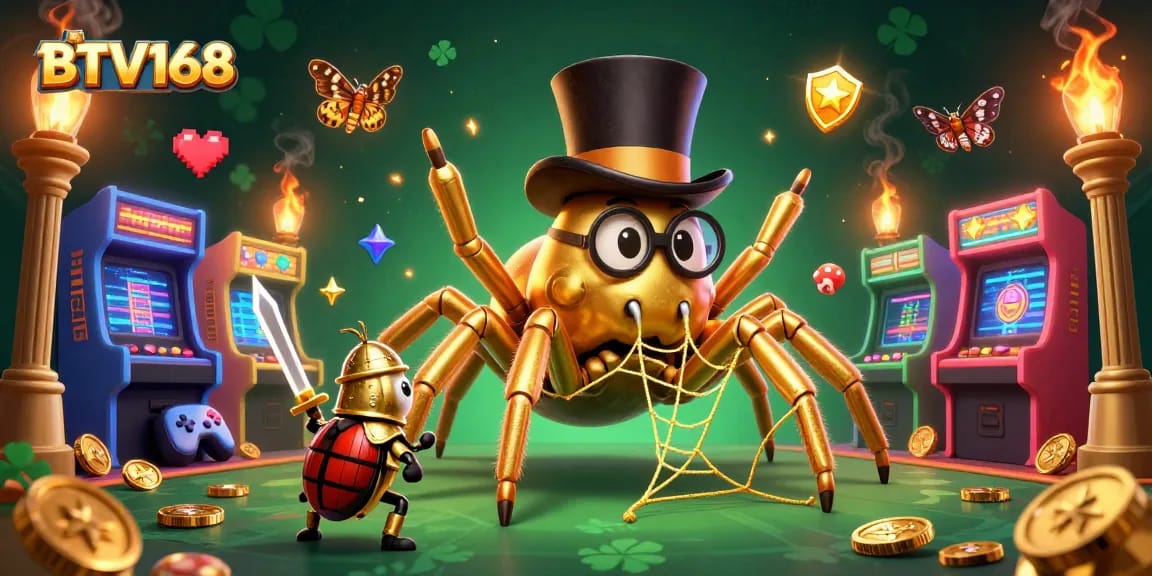 BTV168 brings excitement as a golden tarantula spins winning threads in a vibrant casino scene
