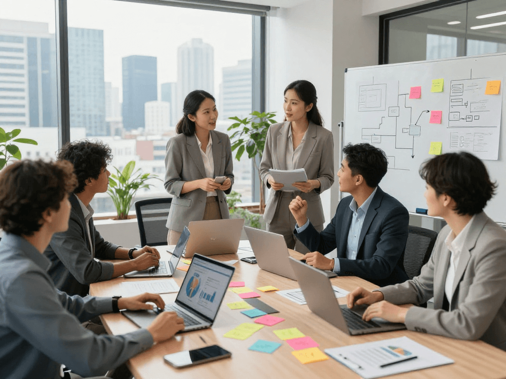 A collaborative team meeting at https://koperasisantun.com/ in a modern corporate office, showcasing innovative brainstorming.