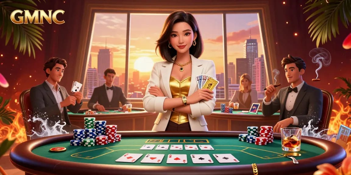 Engage in powerful games with GMNC, featuring a professional woman ready for poker strategy amid vibrant casino elements.