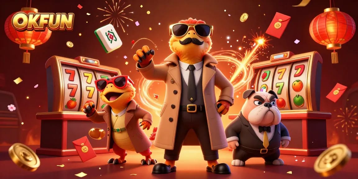 OKFUN showcases a playful yet thrilling casino scene with cartoon raptors entering a VIP lounge, featuring vibrant slot game elements.