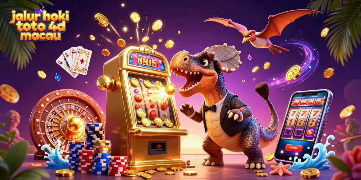 Engaging scene illustrating jalur hoki toto 4d macau featuring playful dinosaurs at a casino.