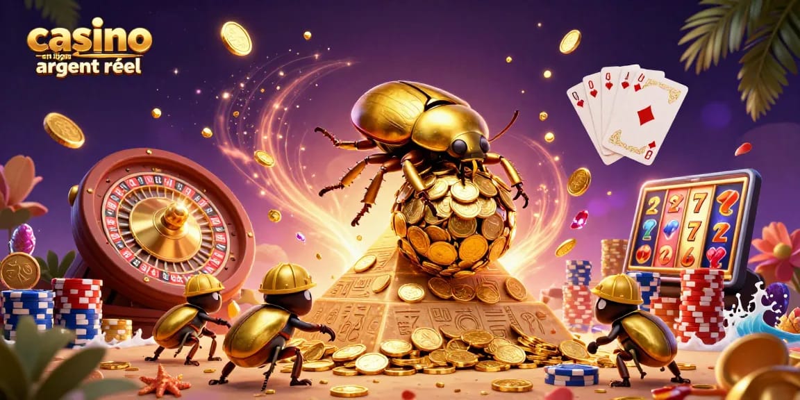 Profitez des jeux de casino en ligne argent réel avec des symboles de chance et des croupiers dans une scène dynamique.