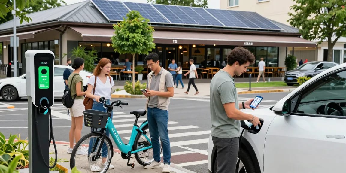 EV technology showcased in a vibrant urban charging station scene with diverse people engaging with electric vehicles.