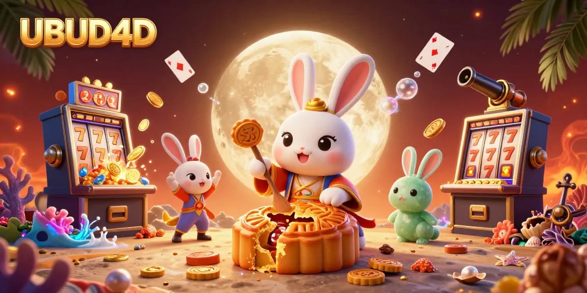 Play at UBUD4D with colorful poker chips emerging from mooncakes in a rich casino scene.