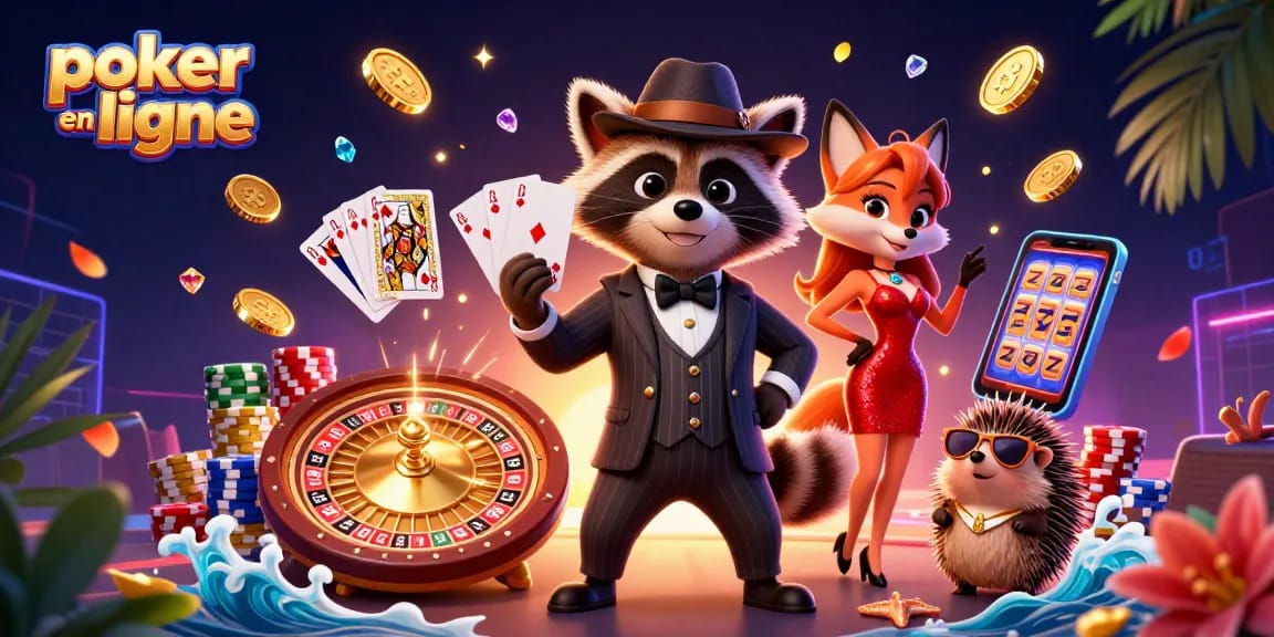 Jouez à poker en ligne et remportez des gains avec cet affichage coloré et dynamique, mettant en avant un homme raton laveur et une belle renarde.
