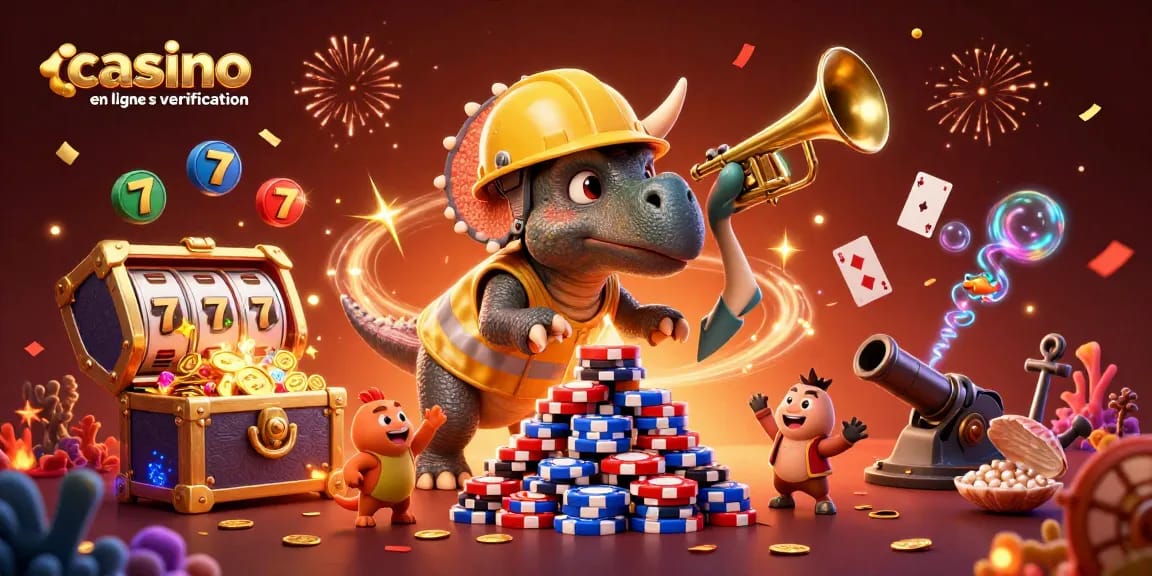 Casino en ligne sans vérification : Célébrez avec un triceratops créant une pyramide de jetons de poker.