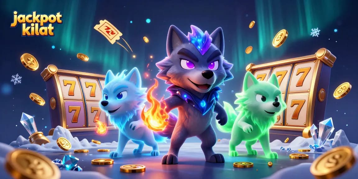 Experience the excitement of jackpot kilat with dynamic slot reels and glowing wolf leaders in a thrilling scene.