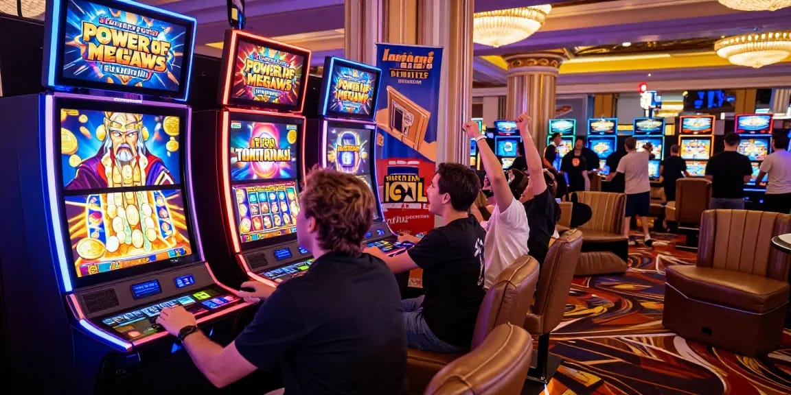 Exciting scene featuring players celebrating near the Power of Thor Megaways slot machine with vibrant casino atmosphere.