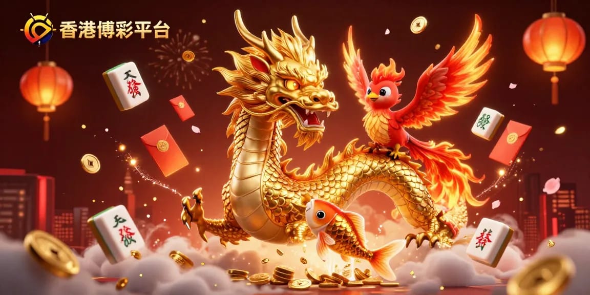 在香港博彩平台享受精彩的賭博體驗,金色龍駕著小鳳凰飛越閃亮硬幣,旁有紅燈籠與骰子。