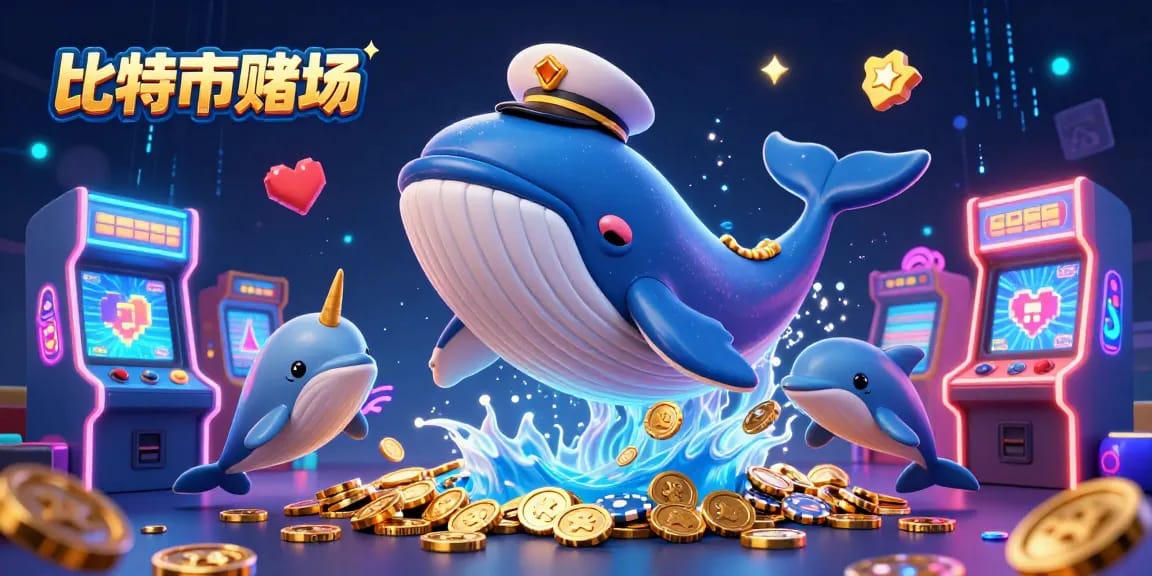 在比特幣賭場,巨型3D卡通鯨魚穿著船長外套,與金色角的獨角鯨及玩耍的海豚共同進行歡樂的賭場活動。