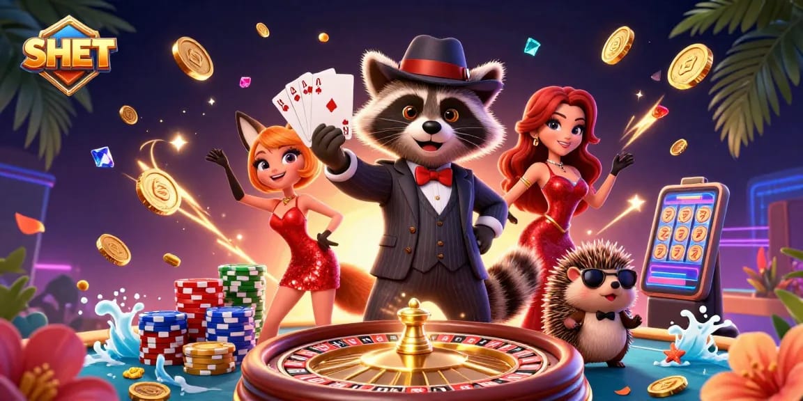 Play to win with SH BET's vibrant 3D casino scene featuring raccoon dealer and royal flush.