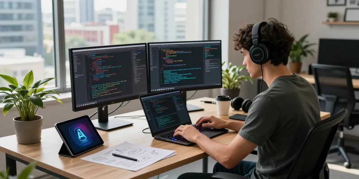 Programmer in a modern office coding the Top 5 programming languages for AI, showcasing dual monitors and a creative workspace.