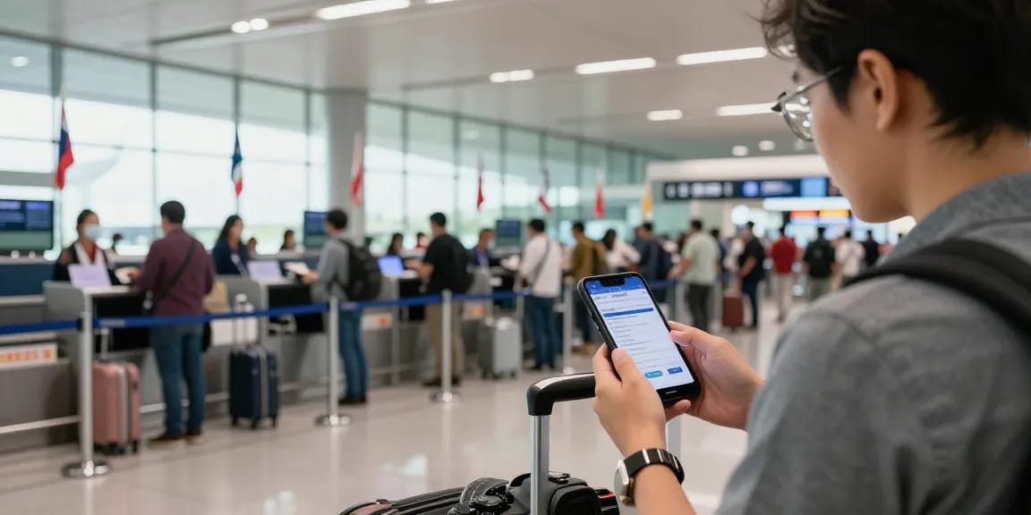 Traveler checking Thailand arrival form on a smartphone in a busy airport terminal.