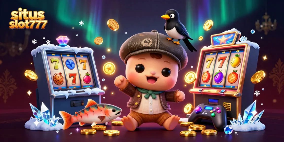Situs slot777 showcases a vibrant 3D illustration featuring a Loch Ness monster with casino symbols, captivating players.