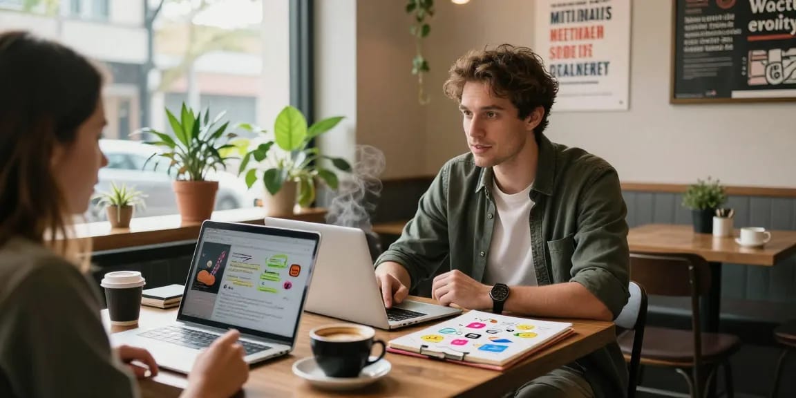 Social marketing for small businesses brainstorming session in a coffee shop with vibrant atmosphere