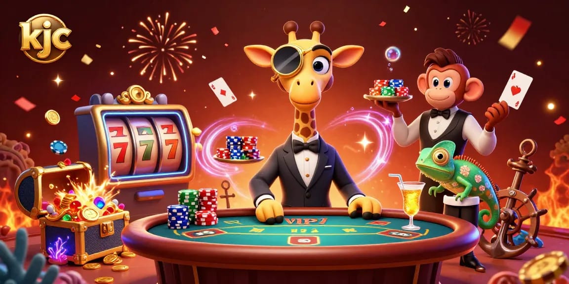 Experience thrilling gameplay at kjc with a vibrant 3D casino scene featuring high-roller characters and dazzling gaming elements.