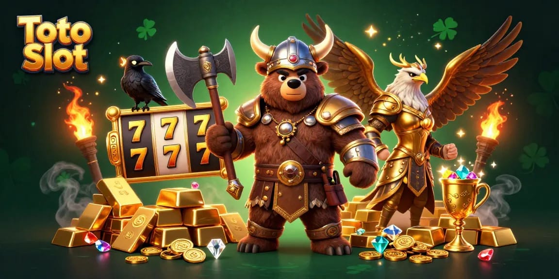 Toto Slot menghadirkan Viking bertarung di kasino dengan slot berputar dan tumpukan koin emas.
