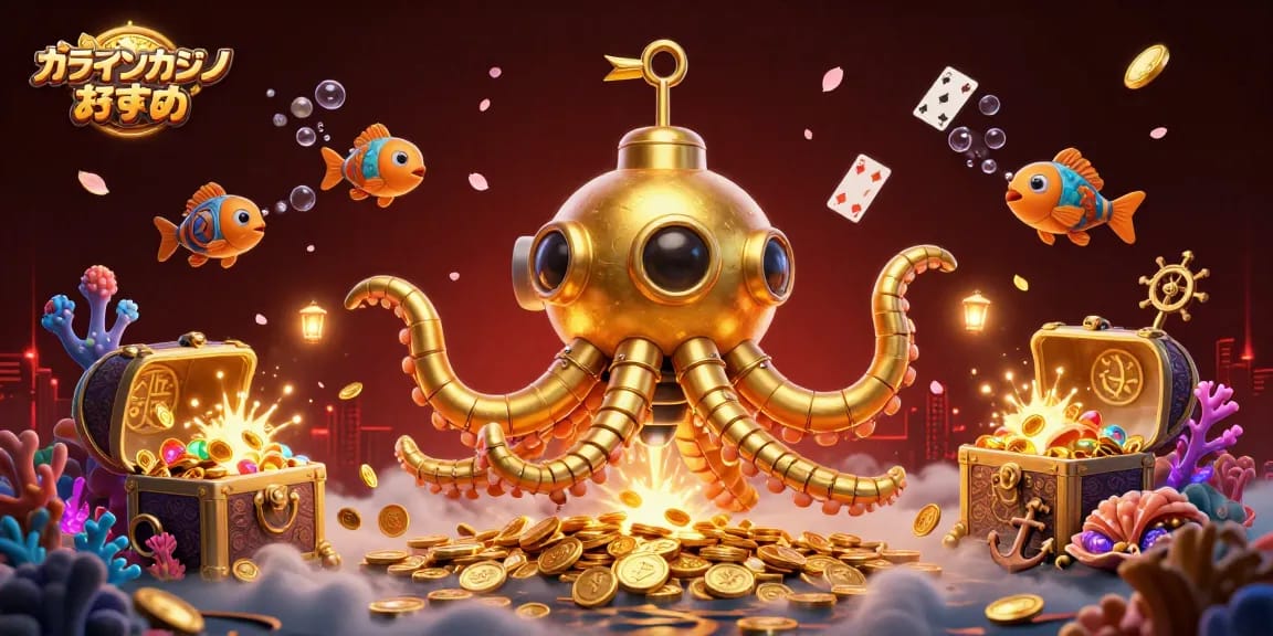 オンラインカジノ おすすめのためのカラフルな海の中での黄金のクラーケンとメカニカルフィッシュのシーン