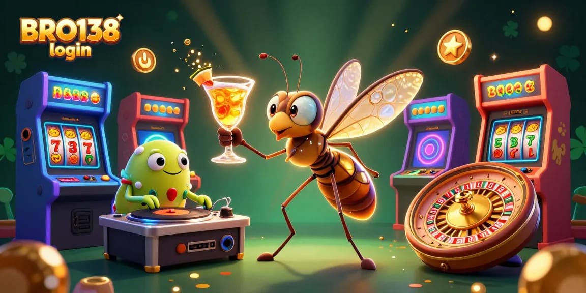 Engage in exciting gameplay with BRO138 login, featuring vibrant casino characters and dynamic gambling elements.