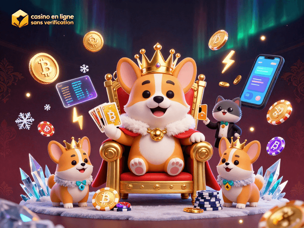 Découvrez le monde du casino en ligne sans vérification avec un corgi royal entouré d'éléments de jeux captivants.