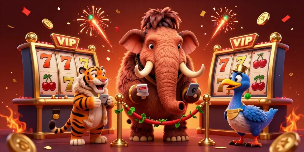 Jouer au casino en ligne avec un bouncer mammouth, un VIP tigre et un portier oiseau dodo, entourés de machines à sous et de confettis.