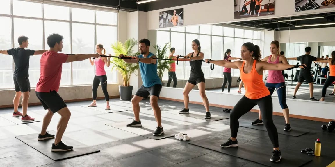 Trainers collaborating in a modern gym workout, showcasing fitness enthusiasm at Deus Medical Shop.