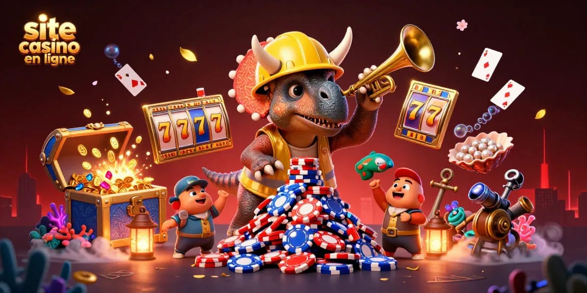 Illustration dynamique de site casino en ligne avec des dinosaures, jetons et éléments de jeu.