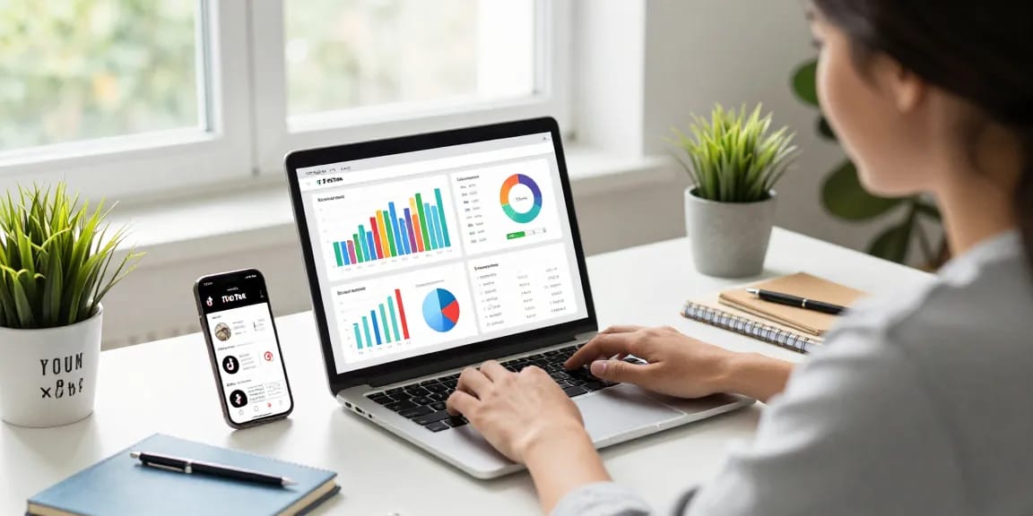 Focused influencer analyzing TikTok engagement data while using the best site to buy TikTok likes.