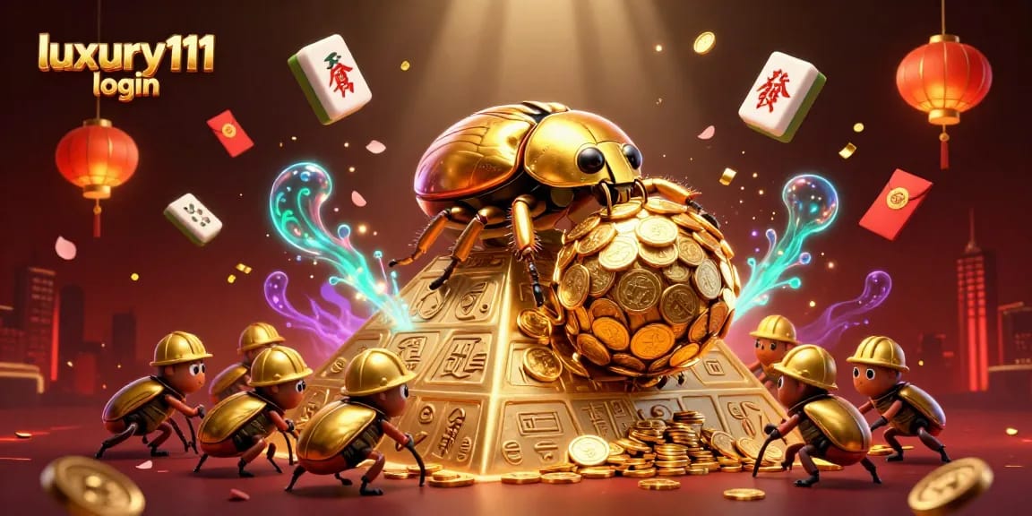 Experience luxury111 login with exciting golden beetles and casino elements in a vibrant scene.