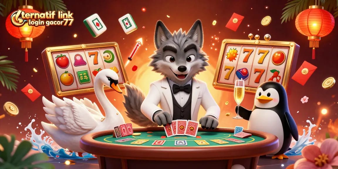 Experience high-stakes fun with alternatif link login gacor77 in a vibrant casino scene filled with rich illustrations.