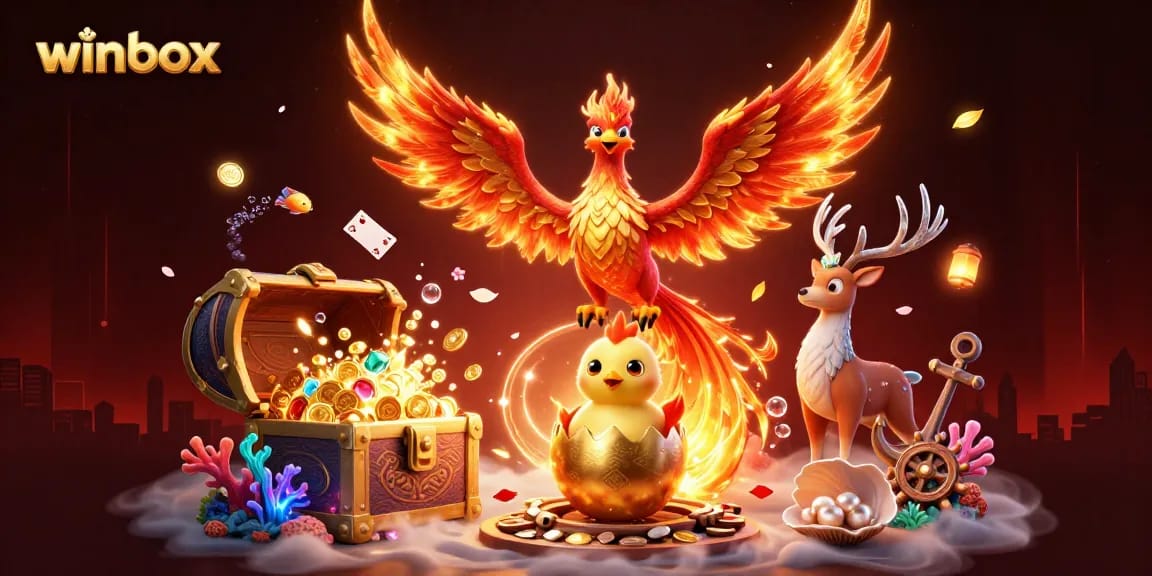 Winbox players enjoy vibrant 3D action with phoenixes and treasure in this exciting casino scene.