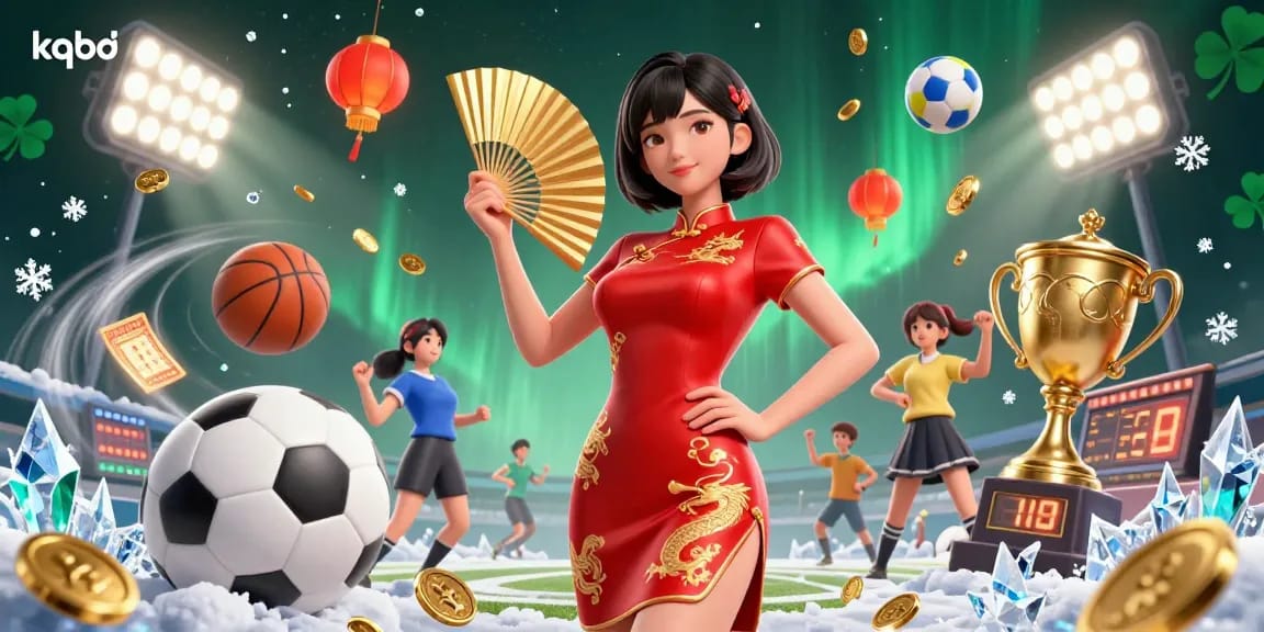 Experience KQBD with a captivating display of vibrant sports betting elements, featuring an Asian woman in a traditional outfit.