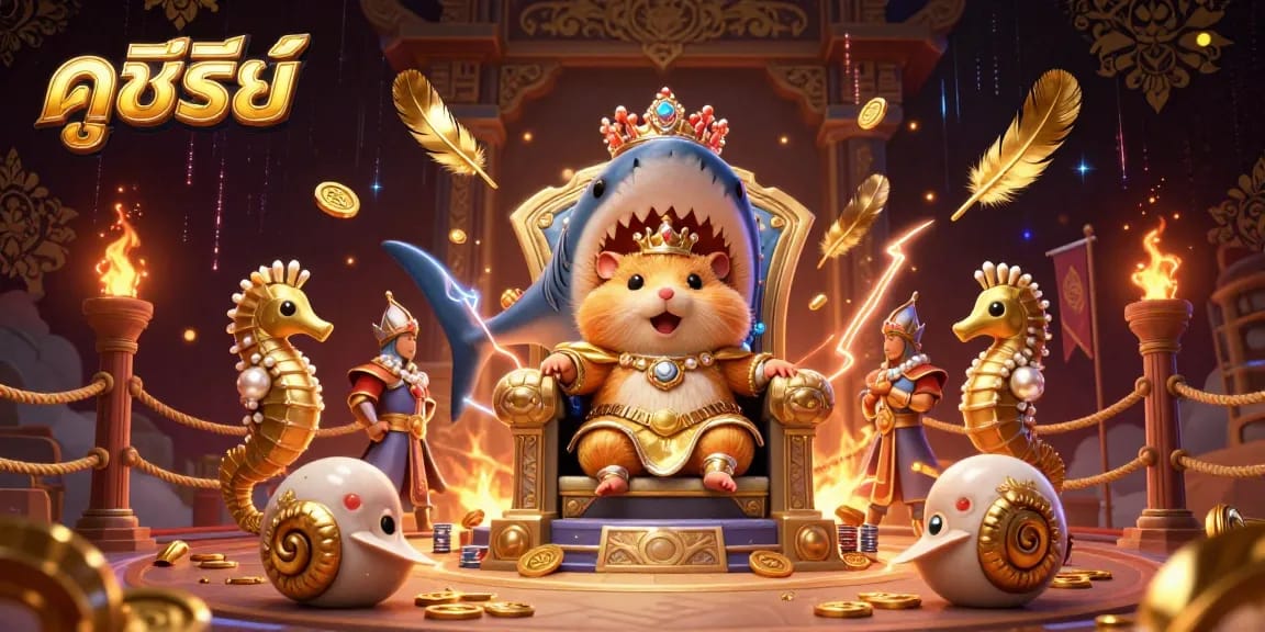 Engage with the stunning illustration of ดูซีรี่ย์ featuring a tiny hamster king and seahorse guards among golden casino elements.