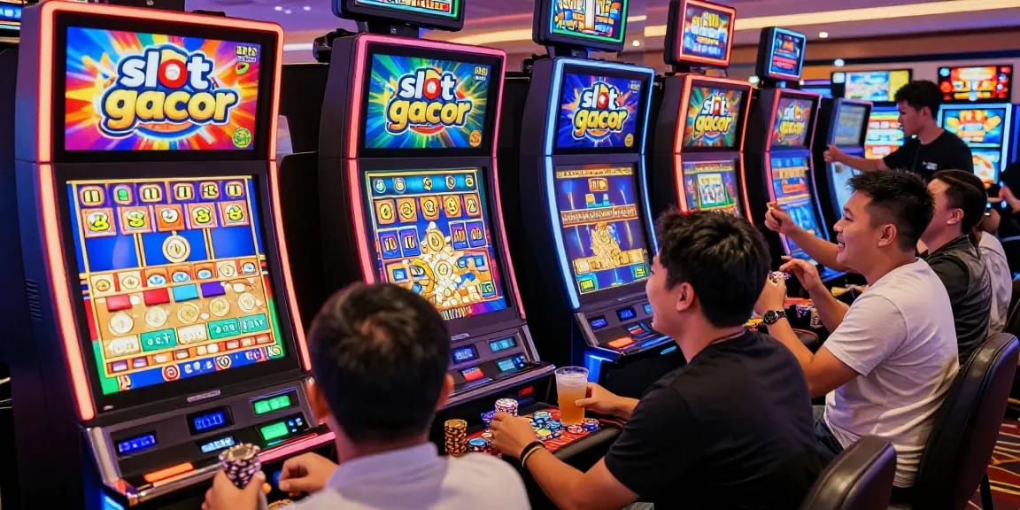 Slot gacor dengan pemain merayakan kemenangan dan koin berjatuhan di lantai kasino.
