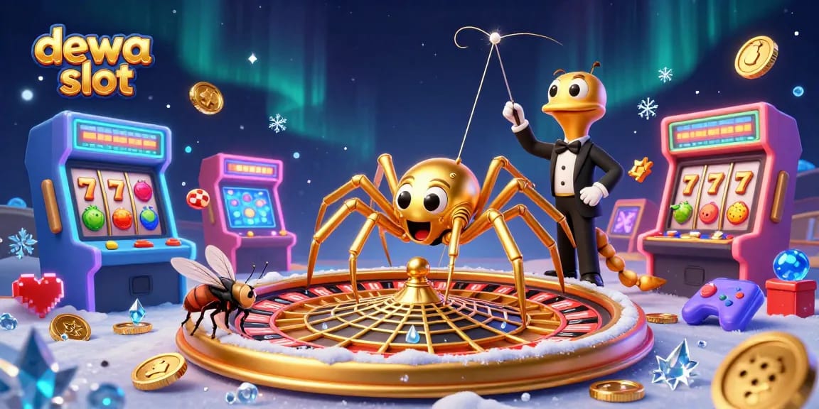Engage with the thrilling dewa slot experience, featuring a golden spider and vibrant casino elements.
