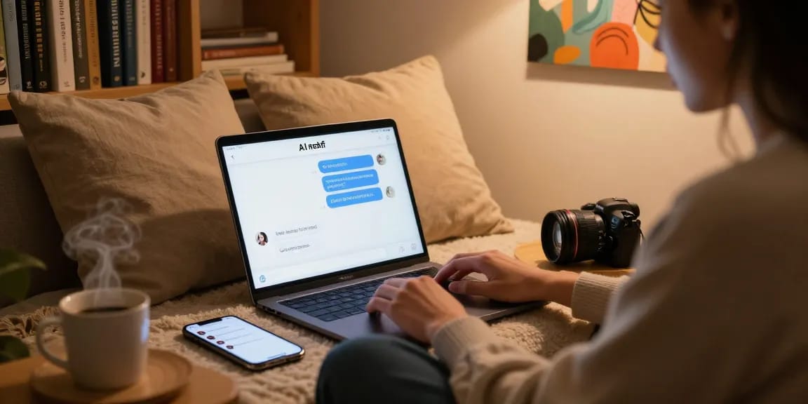Engaging ai nsfw chat moment on a digital device in a cozy home nook.