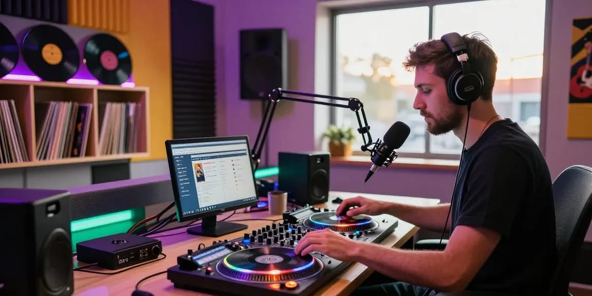 Dynamic radio station order setup with DJ mixing tracks in a colorful studio