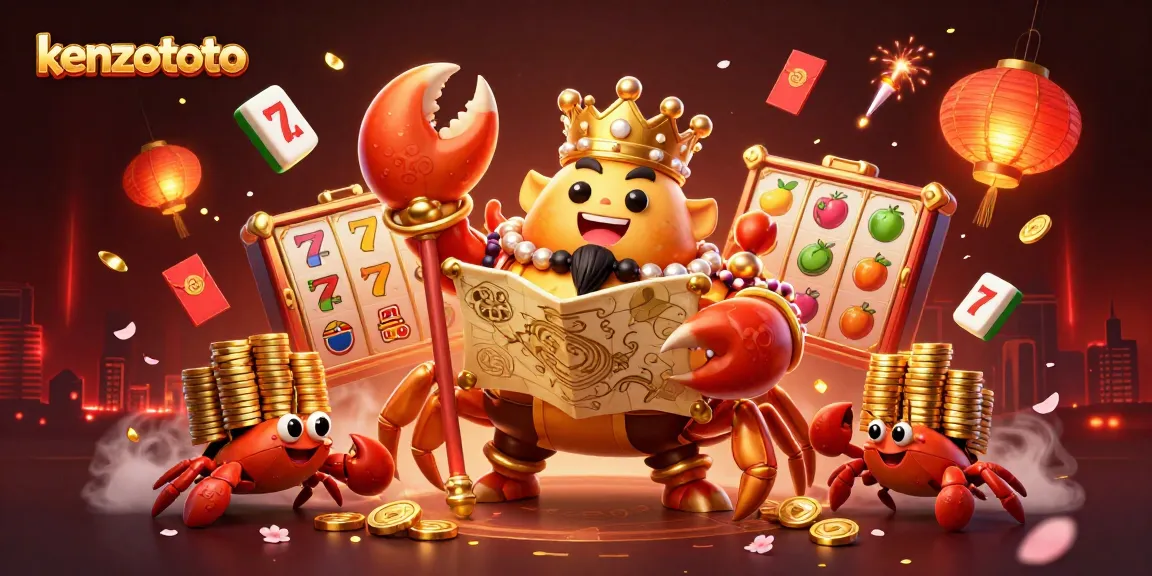 Kenzototo engages players with dynamic slot reels and a golden crab emperor in a thrilling casino scene.