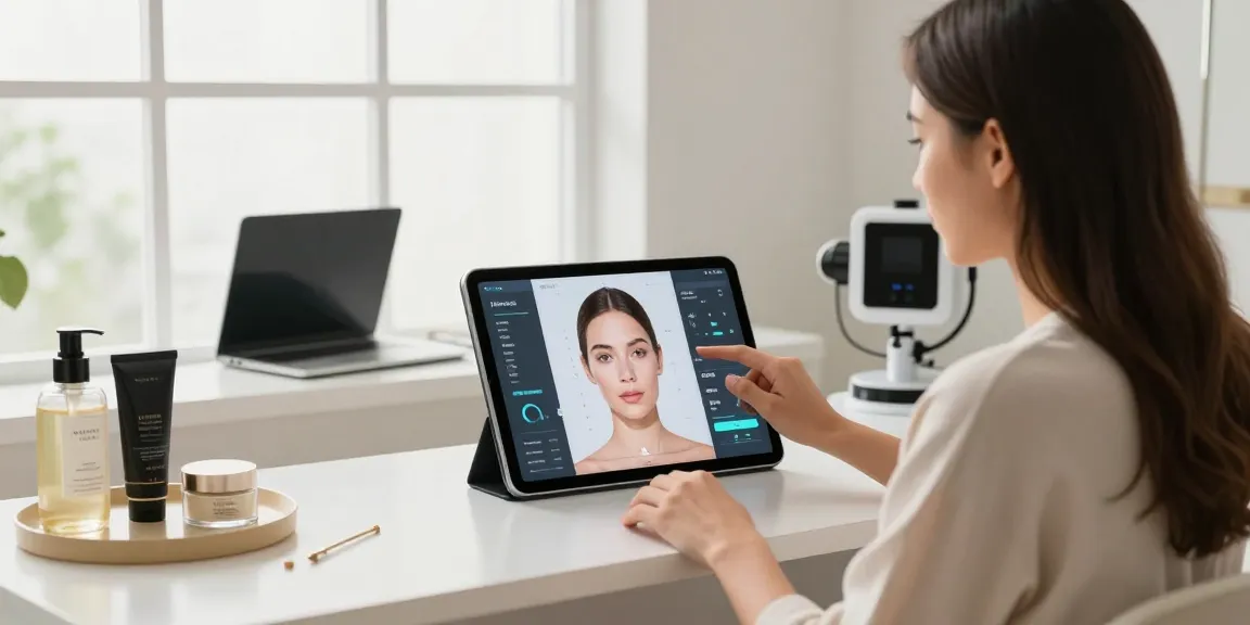 ClinicEvo is a better alternative to QOVES, showcasing a woman using a digital facial analysis tool in a bright beauty studio to enhance her self-image.