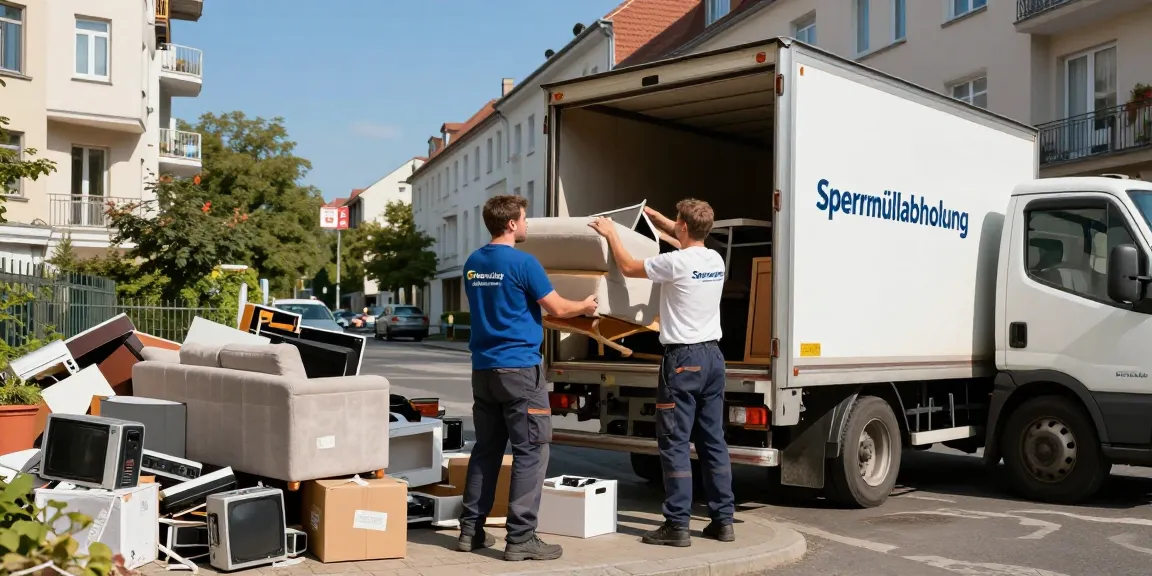 Sperrmüllabholung 80 Euro Berlin service team efficiently loading old furniture into a branded truck on a sunny Berlin street.