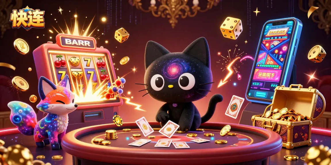 Experience 快连's immersive cosmic casino in a dynamic 3D illustration with captivating characters and vibrant gaming elements.