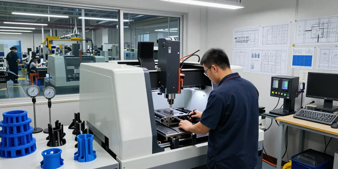 Custom machining service showcased in a modern manufacturing facility with skilled technicians operating CNC machines and 3D printed prototypes.